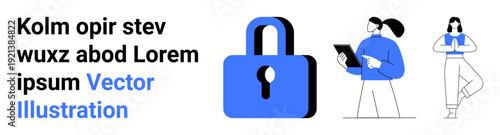Data privacy, cybersecurity, user authentication, teamwork, online security, technology applications. A blue padlock with two individuals using digital devices. Data privacy and cybersecurity concept