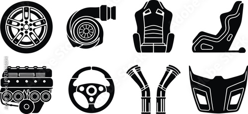 Auto Tuning and Racing Car Parts Silhouette Icon Set