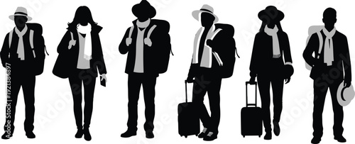 Black silhouettes of six travelers with luggage and backpacks tourists white background