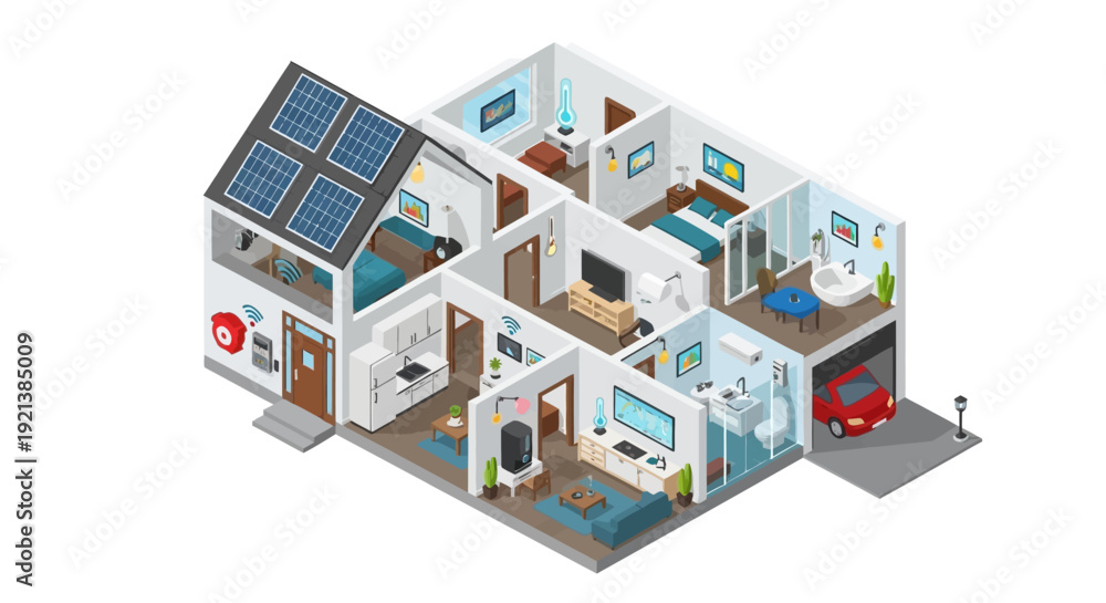 Fototapeta premium Cutaway isometric view of an automated smart home showcasing advanced technology, solar power, and connected living spaces