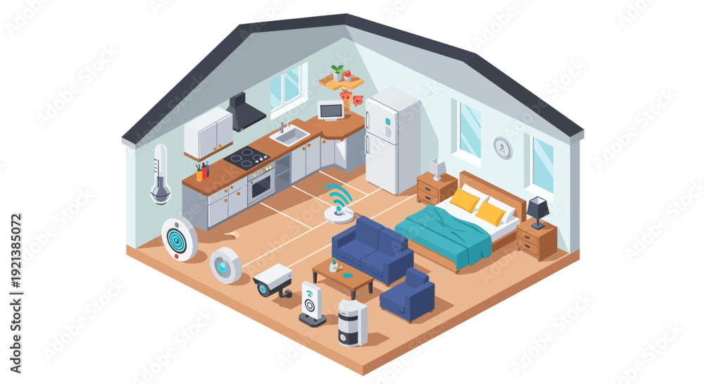 Fototapeta premium Isometric illustration of smart home technology with integrated devices for modern living and automation in a residential interior