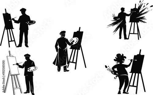 Black silhouettes of artists painting on easels painter