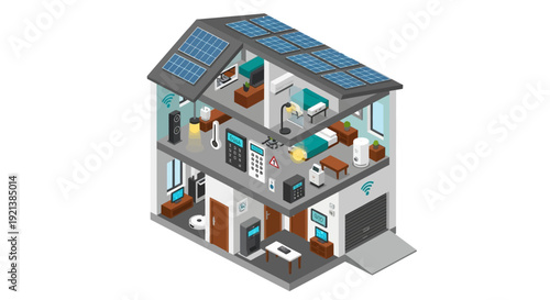 Isometric illustration of a modern smart home, showcasing integrated technology, solar energy, and automated living systems.