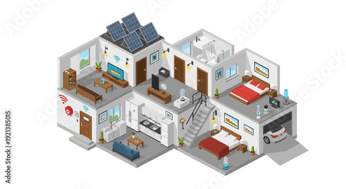 Isometric illustration: smart home featuring IoT devices, solar panels, and automation for connected, sustainable living.