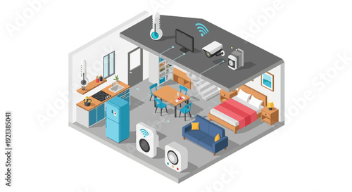 Isometric illustration: Smart home automation system with IoT devices for intelligent living and modern home control.