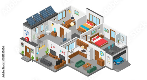 Visualizing a modern smart home with integrated automation technology and sustainable energy solutions in an isometric architectural illustration.