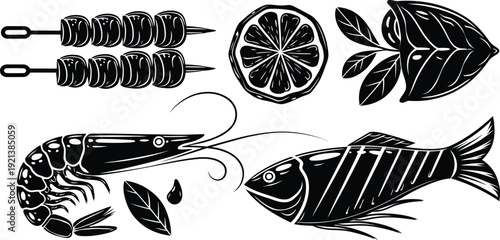 Seafood and Barbecue Grilled Food Vector Illustration