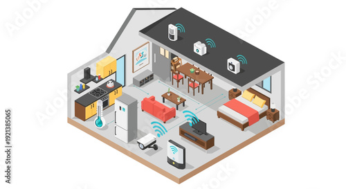 Isometric illustration of smart home automation system. Internet of things (IoT) devices connected in a modern house.