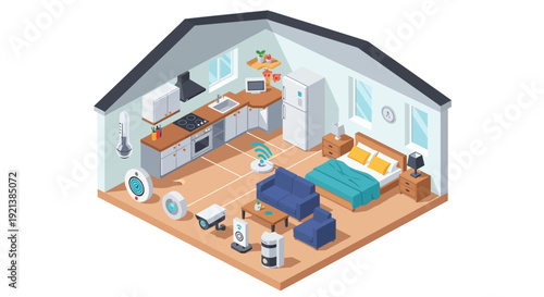Isometric illustration of smart home technology with integrated devices for modern living and automation in a residential interior