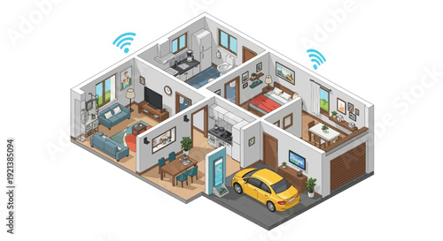 Detailed Isometric Illustration of a Modern Smart Home Interior Layout Showcasing Rooms, Furniture, and Wireless Connectivity