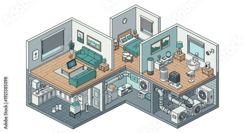 Isometric illustration of a smart modern house cross-section, showcasing integrated technology, energy efficient systems, and intelligent living.