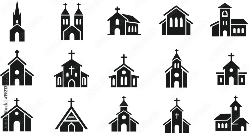 Obraz premium Church Building Silhouette Icon Set with Christian Religious Architecture Symbols for Faith, Worship, and Spiritual Design Projects