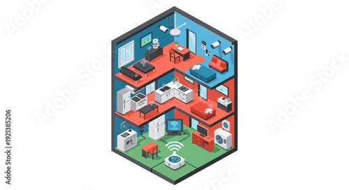 Isometric illustration of a modern smart home interior showcasing interconnected digital devices and automated systems across multiple floors.