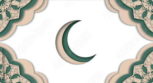 Ramadan Kareem vector illustration featuring a green crescent moon on a minimal background with ornate beige and green floral patterns.