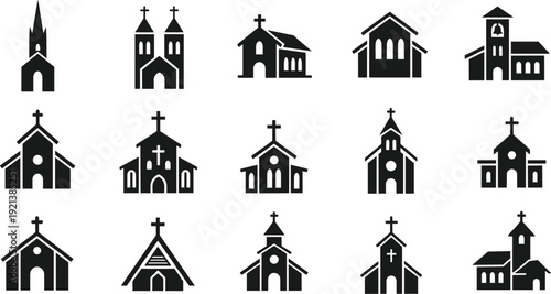 Church Building Silhouette Icon Set with Christian Religious Architecture Symbols for Faith, Worship, and Spiritual Design Projects
