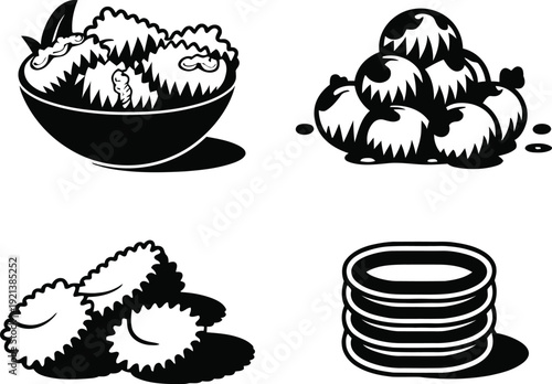 Assorted Asian Street Food and Snacks Vector Icon Set