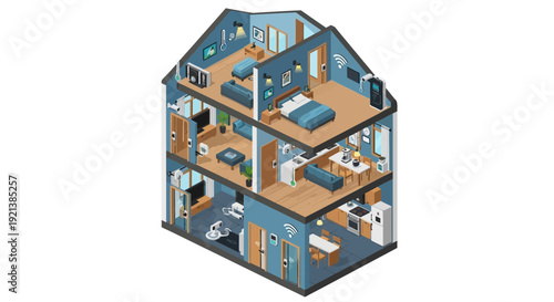 Isometric illustration of a contemporary multi-story smart home interior showcasing advanced automated technology and connected living.