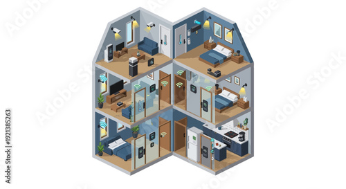Isometric illustration depicting a multi-story smart home's automated systems, security, and interconnected digital technology.