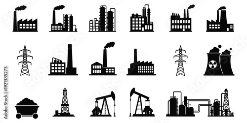 Collection of industrial factory and power line silhouettes on white electricity transmission tower