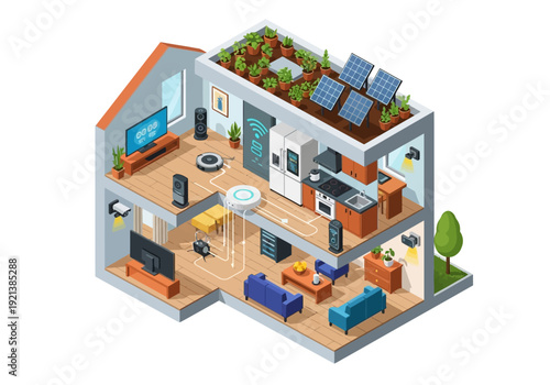 Isometric illustration: smart home automation, green energy, solar panels, and rooftop garden for sustainable living.
