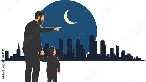 A man and child stargazing over a city skyline at night