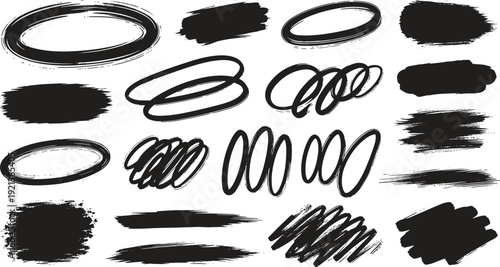 A collection of 20 black brush strokes and swirls on a white background for artistic design