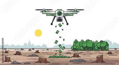 Aerial drone disperses seeds over a deforested and barren landscape with a few surviving trees.