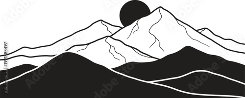 A serene mountain landscape at sunrise with majestic peaks and a setting sun