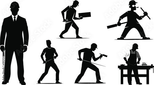 Black silhouettes of men in various work poses with tools workers construction