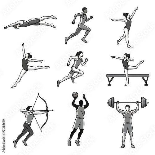 diverse athletes engaging in various sports activities with dynamic movements Vector Illustration, I
