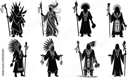 Black silhouettes of people wearing traditional native american clothing and holding staffs