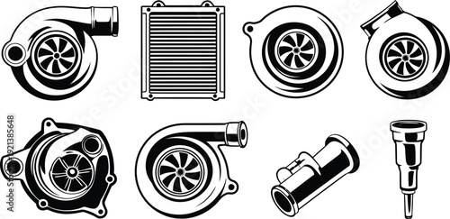 Car engine turbocharger and auto parts vector illustration
