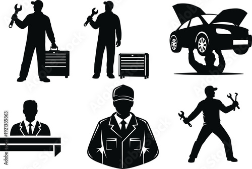 Black silhouettes of mechanics and businessman with tools and car