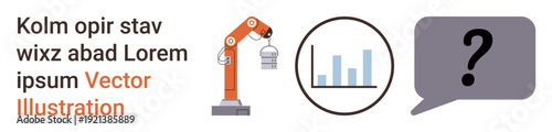 Automation, data analytics, decision-making, industry 4.0, robotics, future technology. Robotic arm data chart and speech bubble with a question mark. Automation and data analytics