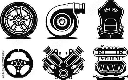 Auto Tuning and Racing Car Parts Silhouette Icon Set