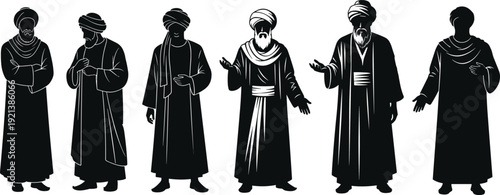 Men in traditional Middle Eastern robes and turbans in various poses