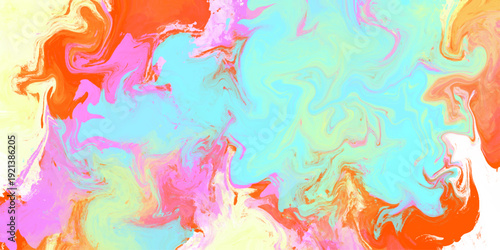 Abstract colorful fluid art background. Pastel cyan, pink and orange liquid marble texture. Modern vibrant watercolor vector illustration.