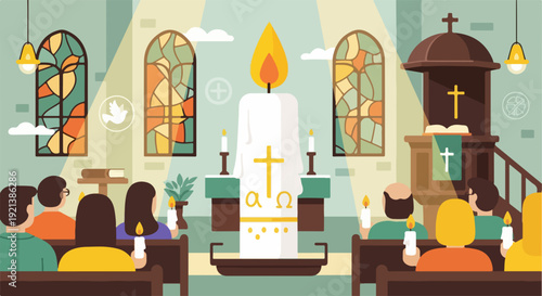People sitting in church pews facing altar with large lit candle and stained glass windows
