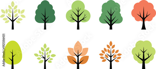 Simple Colorful Tree Icons Vector Set with Flat Nature Symbols Green Forest Elements Eco Environment Illustration Design