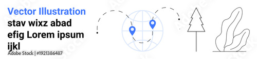 Navigation, travel, mapping, nature, minimalism, geolocation. Globe with location pins and dashed lines, trees and abstract foliage lines. Navigation and travel in minimal design
