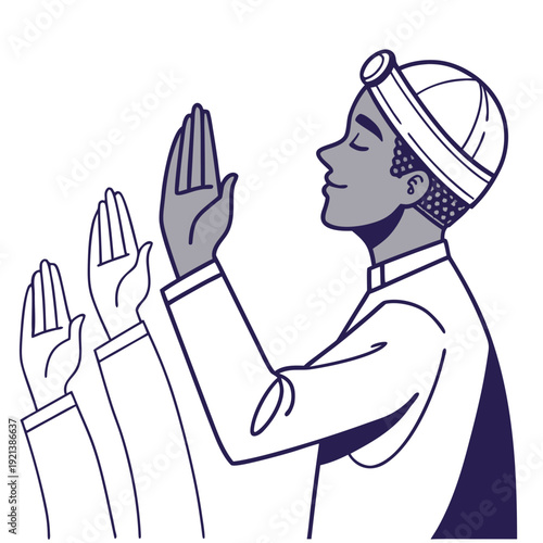 A person in a white robe and head covering is seen praying with their hands clasped together. isolated on transparent background, isolated on white background, Vector