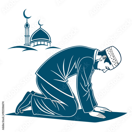 A person in traditional attire performing their daily prayers at a mosque. isolated on transparent background, isolated on white background, Vector
