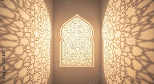 Eid mubarak celebration through intricate islamic architecture window