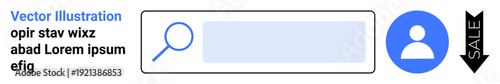Online shopping, user interface, navigation tools, e-commerce, profile management, digital services. Search bar with magnifying glass, user profile icon and sale tag. Online shopping and user