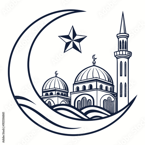 A crescent moon with a star and mosque illustration symbolizing islam isolated on transparent background, isolated on white background, Vector