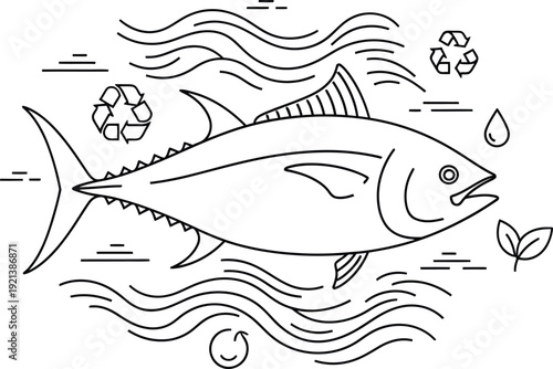 Tuna fish line art illustration with ocean waves and recycling symbols. World Tuna day