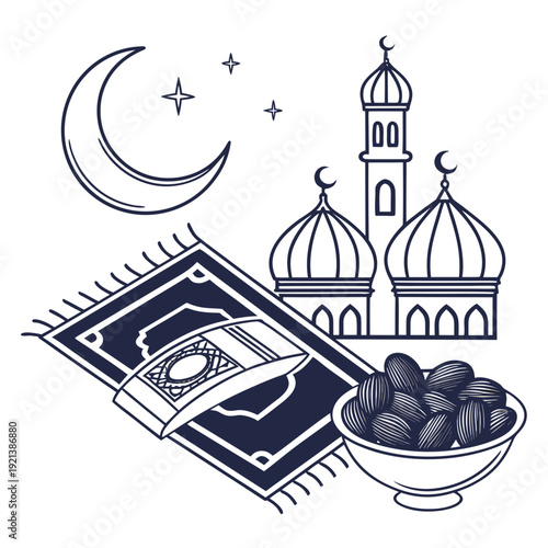 A serene scene of an open quran with a crescent moon and mosque in the background. isolated on transparent background, isolated on white background, Vector