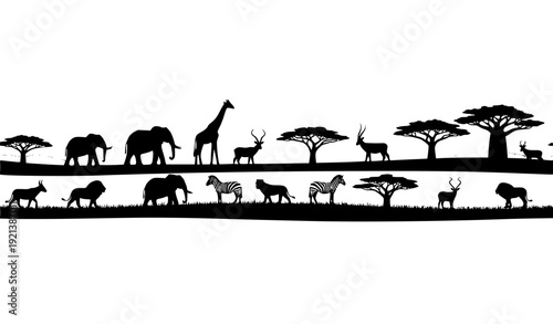 African Landscape Silhouette Seamless Border with Savannah Wildlife Vector on White