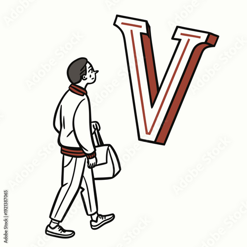 A woman carrying a large letter v on her back while walking isolated on transparent background, isolated on white background, Vector