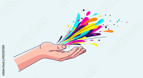 Hand releasing colorful sparks and paint splashes on light blue background symbolizing creativity and inspiration